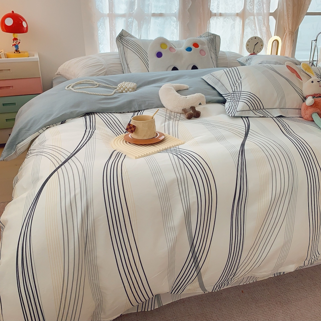 91家纺网 家纺一手货源 找家纺 莱豫家纺 2025新款全棉纯棉小清新印花四件套-第二波 莱茵河灰