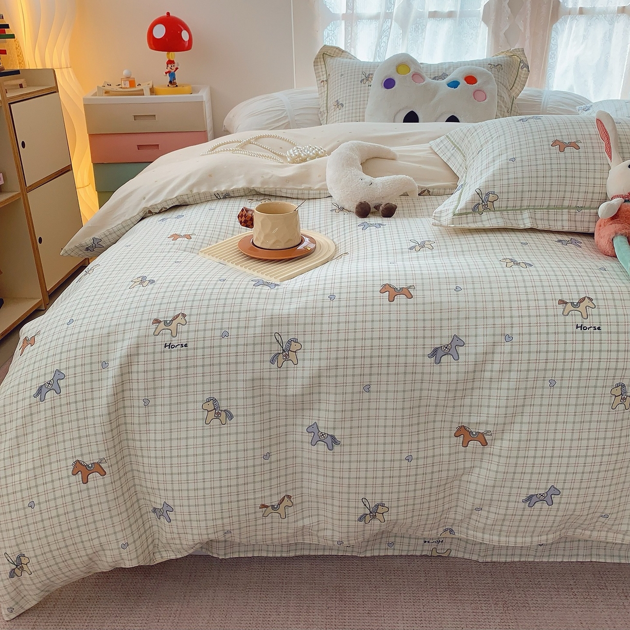 91家纺网 家纺一手货源 找家纺 莱豫家纺 2025新款全棉纯棉小清新印花四件套-第二波 快乐小马