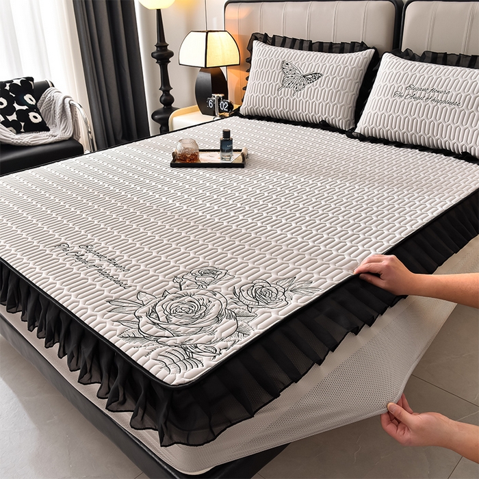 91家纺网 家纺一手货源 找家纺 炫拼家纺 2026新款A类凉感丝花边床笠款乳胶凉席-法式玫瑰 法式玫瑰-珍珠灰