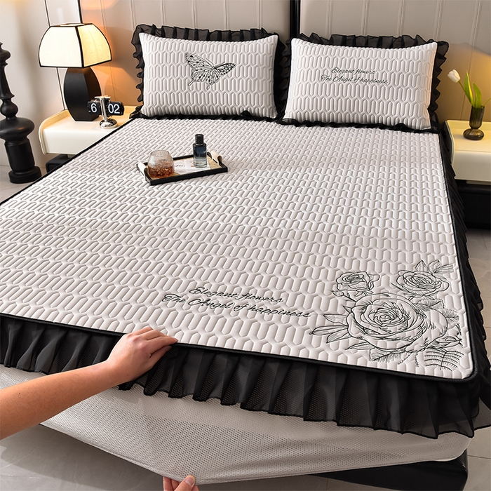 91家纺网 家纺一手货源 找家纺 炫拼家纺 2026新款A类凉感丝花边床笠款乳胶凉席-法式玫瑰 法式玫瑰-珍珠灰