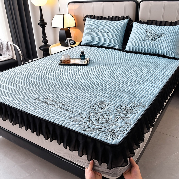 炫拼家纺 2026新款A类凉感丝花边床笠款乳胶凉席-法式玫瑰 法式玫瑰-宾利蓝