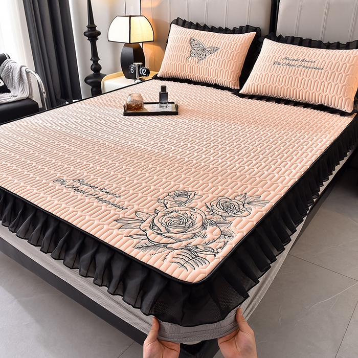 炫拼家纺 2026新款A类凉感丝花边床笠款乳胶凉席-法式玫瑰 法式玫瑰-香妃粉