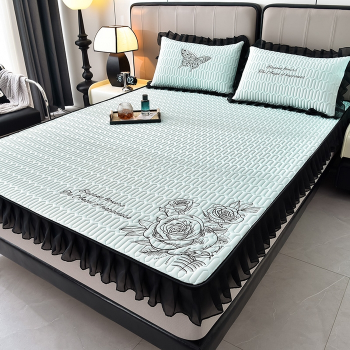 91家纺网 家纺一手货源 找家纺 炫拼家纺 2026新款A类凉感丝花边床笠款乳胶凉席-法式玫瑰 法式玫瑰-冰雪蓝