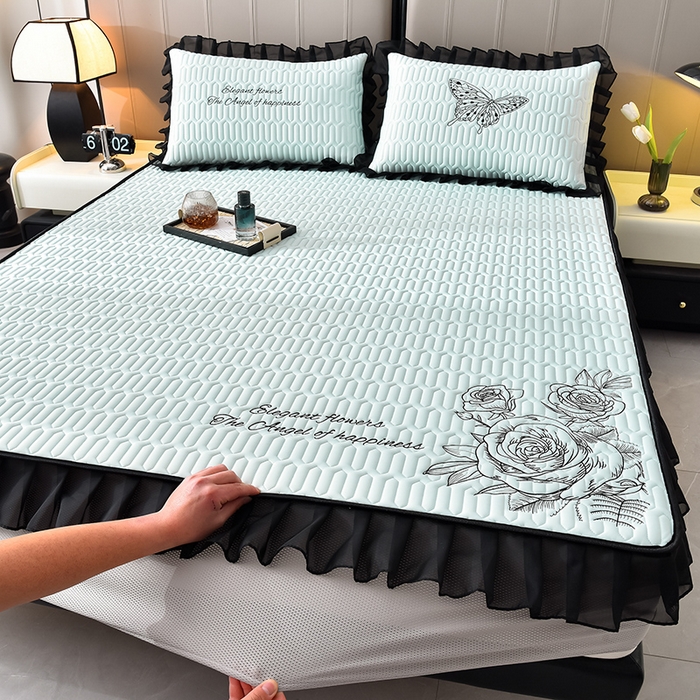 91家纺网 家纺一手货源 找家纺 炫拼家纺 2026新款A类凉感丝花边床笠款乳胶凉席-法式玫瑰 法式玫瑰-冰雪蓝