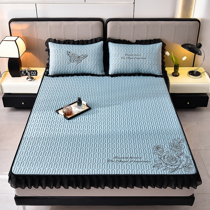 91家纺网 家纺一手货源 找家纺 炫拼家纺 2026新款A类凉感丝花边床笠款乳胶凉席-法式玫瑰 法式玫瑰-宾利蓝