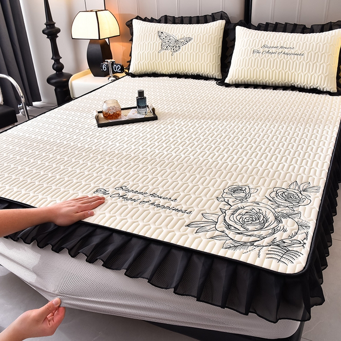 91家纺网 家纺一手货源 找家纺 炫拼家纺 2026新款A类凉感丝花边床笠款乳胶凉席-法式玫瑰 法式玫瑰-玉石白