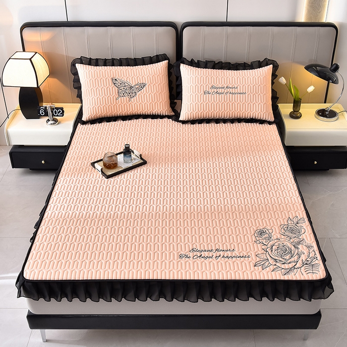 91家纺网 家纺一手货源 找家纺 炫拼家纺 2026新款A类凉感丝花边床笠款乳胶凉席-法式玫瑰 法式玫瑰-香妃粉