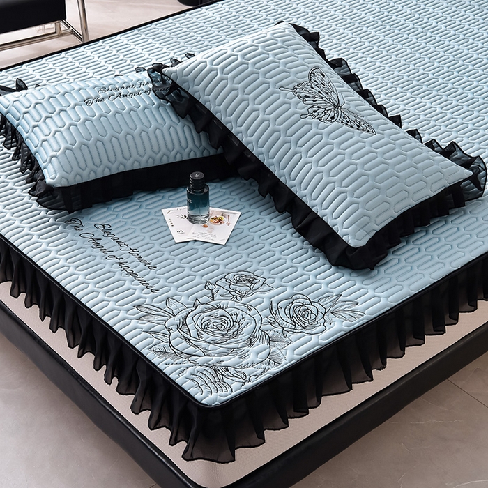 91家纺网 家纺一手货源 找家纺 炫拼家纺 2026新款A类凉感丝花边床笠款乳胶凉席-法式玫瑰 法式玫瑰-宾利蓝