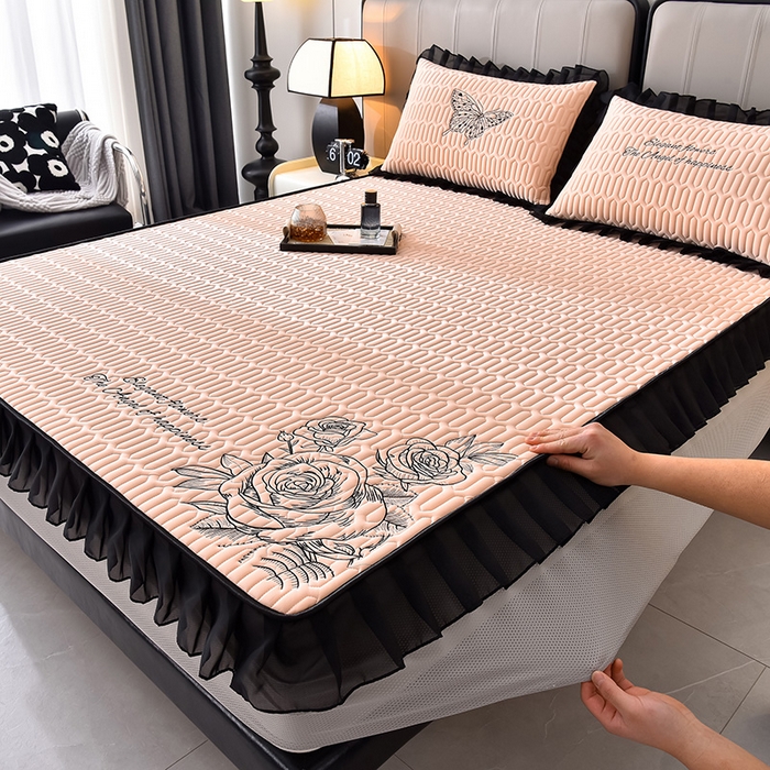 91家纺网 家纺一手货源 找家纺 炫拼家纺 2026新款A类凉感丝花边床笠款乳胶凉席-法式玫瑰 法式玫瑰-香妃粉