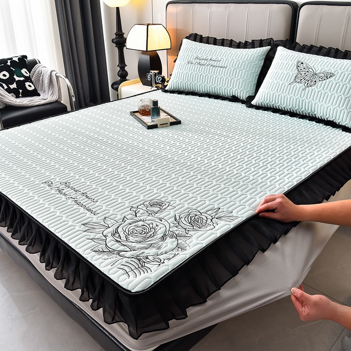 91家纺网 家纺一手货源 找家纺 炫拼家纺 2026新款A类凉感丝花边床笠款乳胶凉席-法式玫瑰 法式玫瑰-冰雪蓝