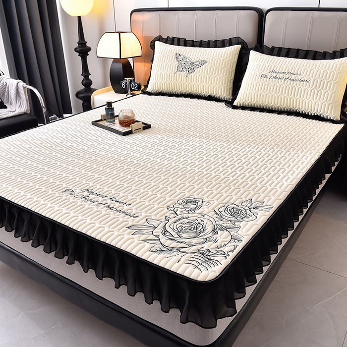 91家纺网 家纺一手货源 找家纺 炫拼家纺 2026新款A类凉感丝花边床笠款乳胶凉席-法式玫瑰 法式玫瑰-玉石白