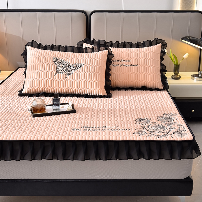 91家纺网 家纺一手货源 找家纺 炫拼家纺 2026新款A类凉感丝花边床笠款乳胶凉席-法式玫瑰 法式玫瑰-香妃粉