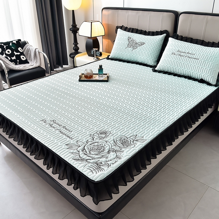 91家纺网 家纺一手货源 找家纺 炫拼家纺 2026新款A类凉感丝花边床笠款乳胶凉席-法式玫瑰 法式玫瑰-冰雪蓝