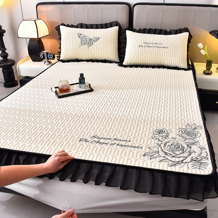 91家纺网 家纺一手货源 找家纺 炫拼家纺 2026新款A类凉感丝花边床笠款乳胶凉席-法式玫瑰 法式玫瑰-玉石白