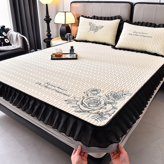 91家纺网 家纺一手货源 找家纺 （总）炫拼家纺 2026新款A类凉感丝花边床笠款乳胶凉席-法式玫瑰