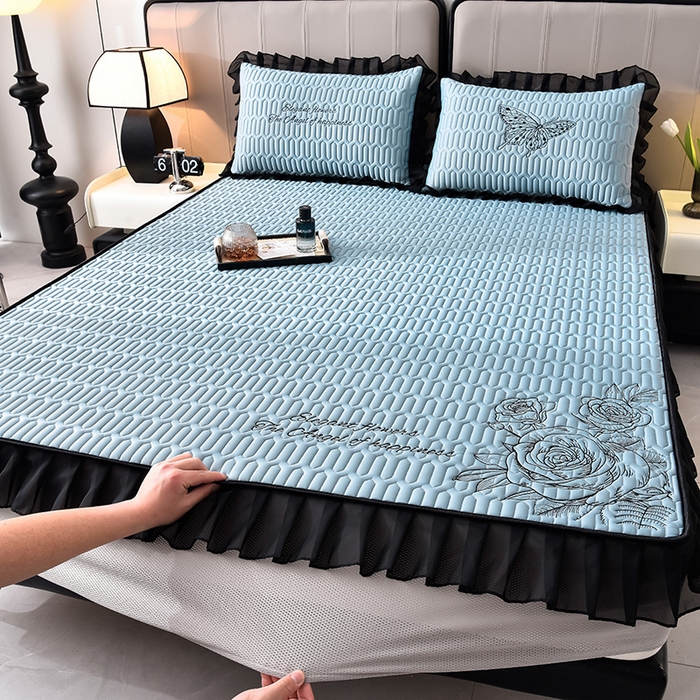 91家纺网 家纺一手货源 找家纺 炫拼家纺 2026新款A类凉感丝花边床笠款乳胶凉席-法式玫瑰 法式玫瑰-宾利蓝