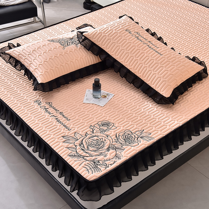 91家纺网 家纺一手货源 找家纺 炫拼家纺 2026新款A类凉感丝花边床笠款乳胶凉席-法式玫瑰 法式玫瑰-香妃粉