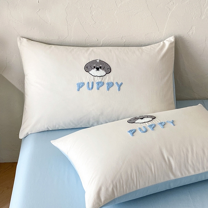 91家纺网 家纺一手货源 找家纺 拼社家纺 2026新款A类母婴级全棉纯棉水洗棉四件套毛巾绣纯棉四件套床上用品提供买家秀 甜心小狗-奶昔白蓝