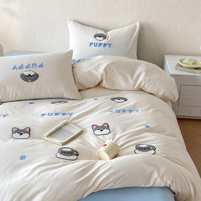 91家纺网 家纺一手货源 找家纺 拼社家纺 2026新款A类母婴级全棉纯棉水洗棉四件套毛巾绣纯棉四件套床上用品提供买家秀 甜心小狗-奶昔白蓝