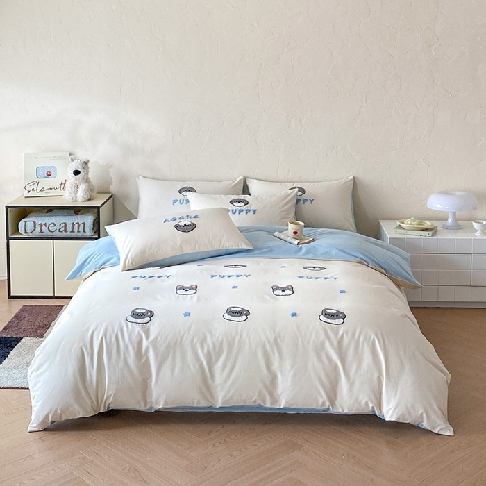 拼社家纺 2026新款A类母婴级全棉纯棉水洗棉四件套毛巾绣纯棉四件套床上用品提供买家秀 甜心小狗-奶昔白蓝