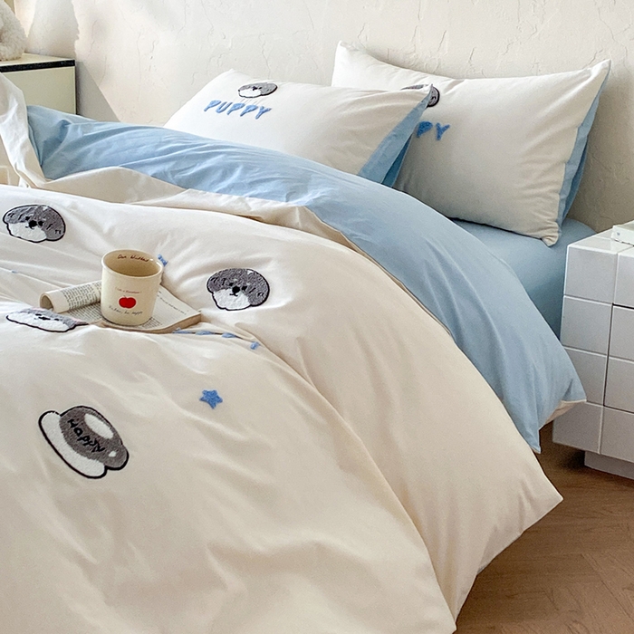 91家纺网 家纺一手货源 找家纺 拼社家纺 2026新款A类母婴级全棉纯棉水洗棉四件套毛巾绣纯棉四件套床上用品提供买家秀 甜心小狗-奶昔白蓝