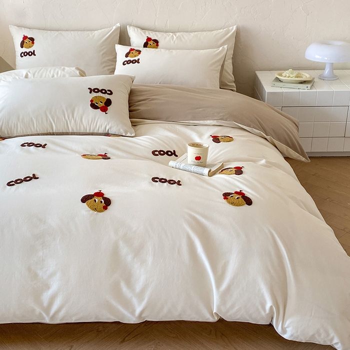 91家纺网 家纺一手货源 找家纺 拼社家纺 2026新款A类母婴级全棉纯棉水洗棉四件套毛巾绣纯棉四件套床上用品提供买家秀 cool小狗-白卡其