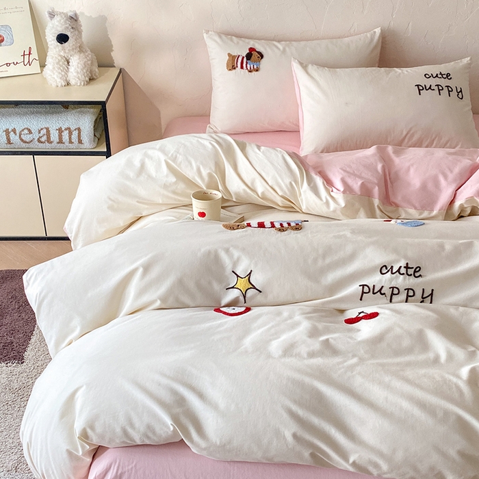 91家纺网 家纺一手货源 找家纺 拼社家纺 2026新款A类母婴级全棉纯棉水洗棉四件套毛巾绣纯棉四件套床上用品提供买家秀 萌宠派对-樱花粉