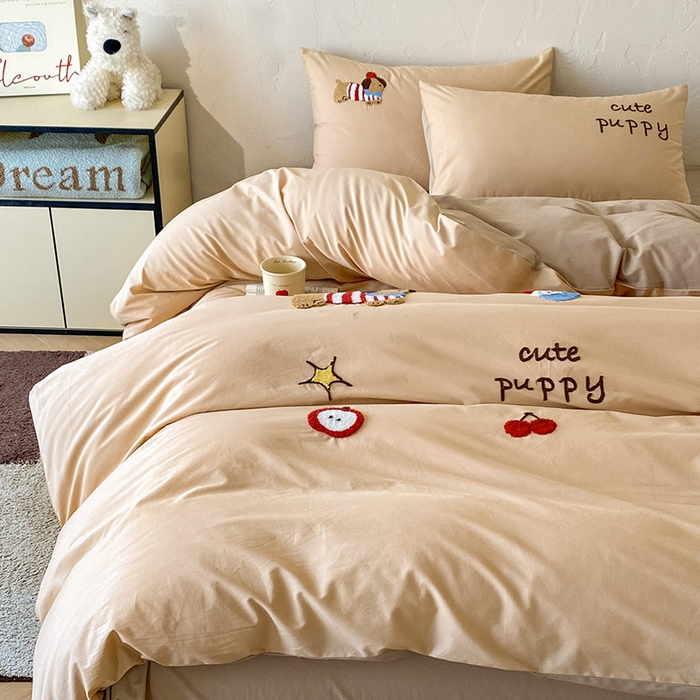 91家纺网 家纺一手货源 找家纺 拼社家纺 2026新款A类母婴级全棉纯棉水洗棉四件套毛巾绣纯棉四件套床上用品提供买家秀 萌宠派对-卡其