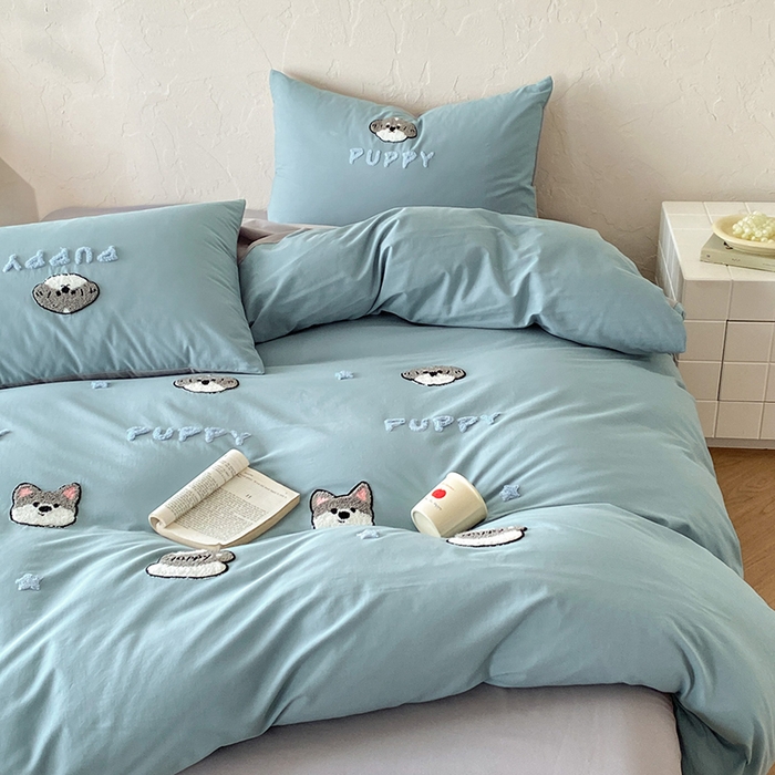 91家纺网 家纺一手货源 找家纺 拼社家纺 2026新款A类母婴级全棉纯棉水洗棉四件套毛巾绣纯棉四件套床上用品提供买家秀 甜心小狗-蓝灰