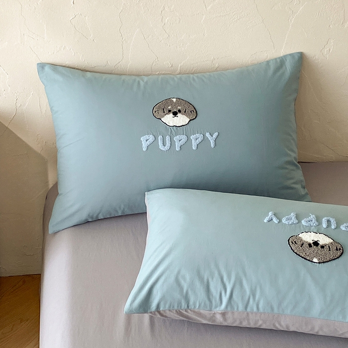 91家纺网 家纺一手货源 找家纺 拼社家纺 2026新款A类母婴级全棉纯棉水洗棉四件套毛巾绣纯棉四件套床上用品提供买家秀 甜心小狗-蓝灰