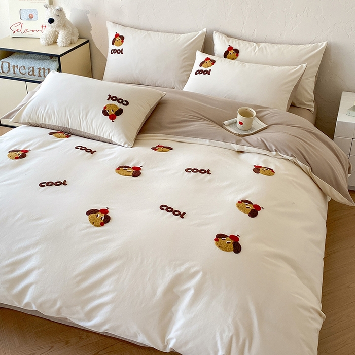 91家纺网 家纺一手货源 找家纺 拼社家纺 2026新款A类母婴级全棉纯棉水洗棉四件套毛巾绣纯棉四件套床上用品提供买家秀 cool小狗-白卡其