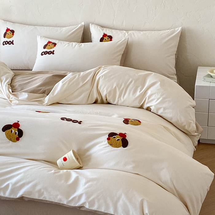 91家纺网 家纺一手货源 找家纺 拼社家纺 2026新款A类母婴级全棉纯棉水洗棉四件套毛巾绣纯棉四件套床上用品提供买家秀 cool小狗-白卡其