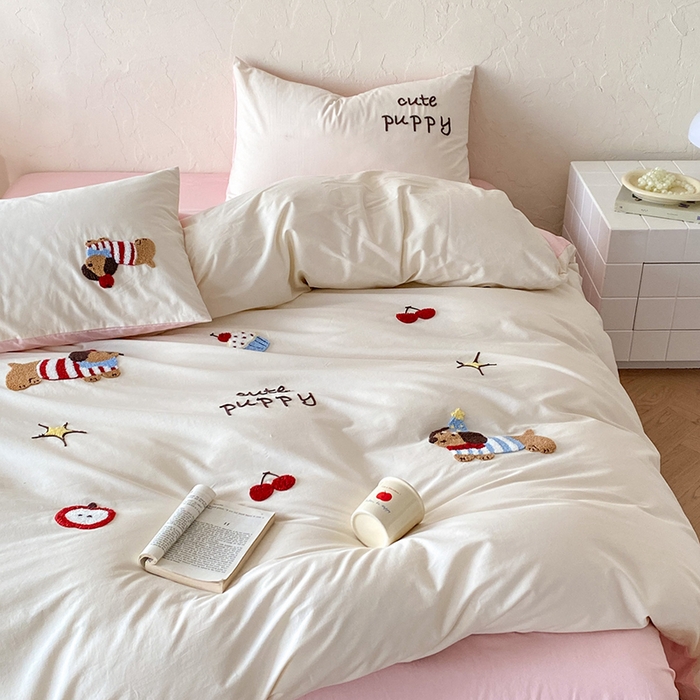 91家纺网 家纺一手货源 找家纺 拼社家纺 2026新款A类母婴级全棉纯棉水洗棉四件套毛巾绣纯棉四件套床上用品提供买家秀 萌宠派对-樱花粉