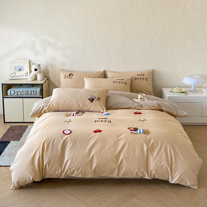 拼社家纺 2026新款A类母婴级全棉纯棉水洗棉四件套毛巾绣纯棉四件套床上用品提供买家秀 萌宠派对-卡其