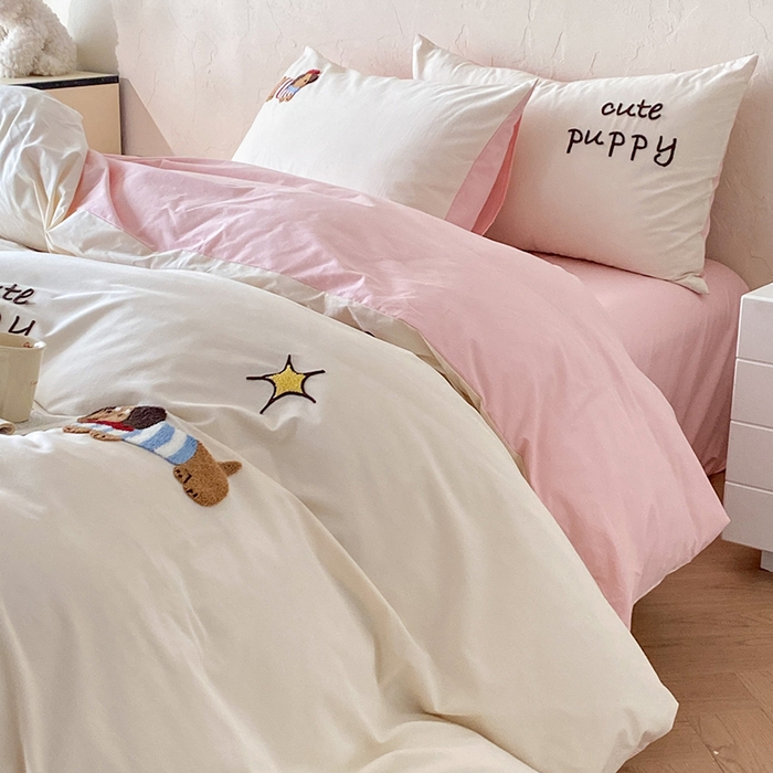 91家纺网 家纺一手货源 找家纺 拼社家纺 2026新款A类母婴级全棉纯棉水洗棉四件套毛巾绣纯棉四件套床上用品提供买家秀 萌宠派对-樱花粉