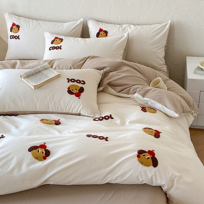 91家纺网 家纺一手货源 找家纺 拼社家纺 2026新款A类母婴级全棉纯棉水洗棉四件套毛巾绣纯棉四件套床上用品提供买家秀 cool小狗-白卡其