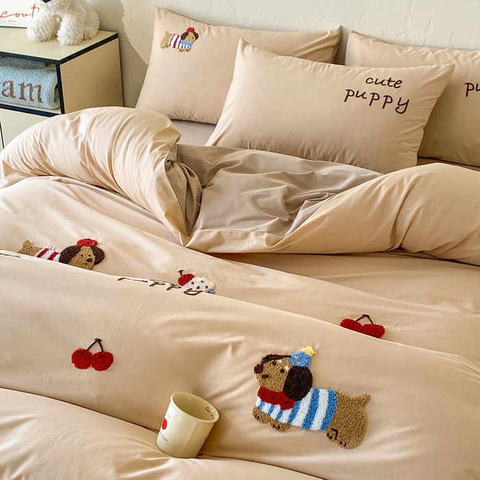 91家纺网 家纺一手货源 找家纺 拼社家纺 2026新款A类母婴级全棉纯棉水洗棉四件套毛巾绣纯棉四件套床上用品提供买家秀 萌宠派对-卡其