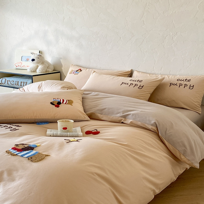 91家纺网 家纺一手货源 找家纺 拼社家纺 2026新款A类母婴级全棉纯棉水洗棉四件套毛巾绣纯棉四件套床上用品提供买家秀 萌宠派对-卡其