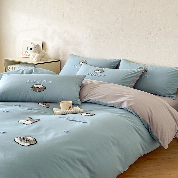 91家纺网 家纺一手货源 找家纺 拼社家纺 2026新款A类母婴级全棉纯棉水洗棉四件套毛巾绣纯棉四件套床上用品提供买家秀 甜心小狗-蓝灰