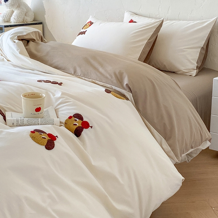 91家纺网 家纺一手货源 找家纺 拼社家纺 2026新款A类母婴级全棉纯棉水洗棉四件套毛巾绣纯棉四件套床上用品提供买家秀 cool小狗-白卡其