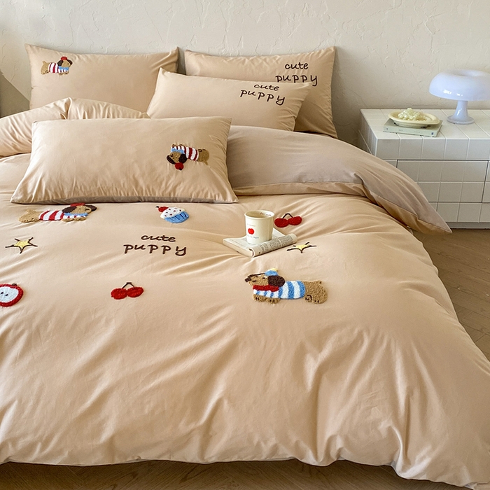 91家纺网 家纺一手货源 找家纺 拼社家纺 2026新款A类母婴级全棉纯棉水洗棉四件套毛巾绣纯棉四件套床上用品提供买家秀 萌宠派对-卡其