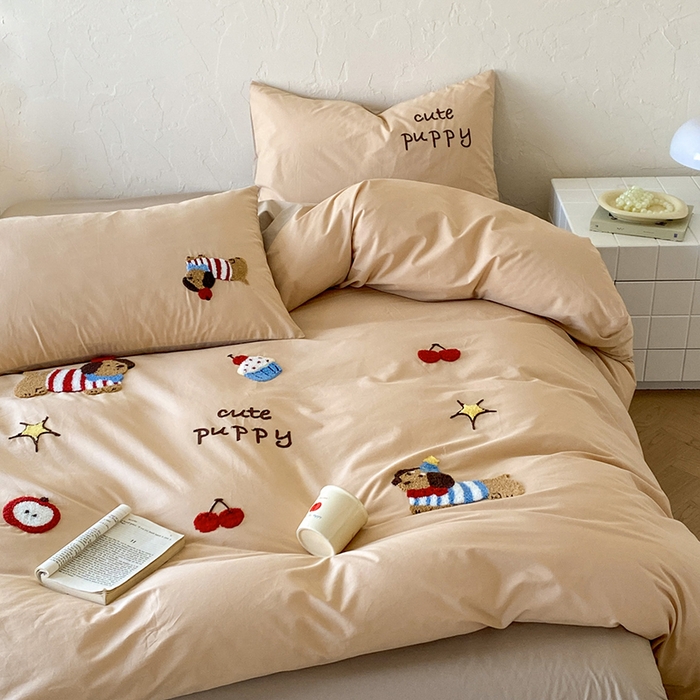 91家纺网 家纺一手货源 找家纺 拼社家纺 2026新款A类母婴级全棉纯棉水洗棉四件套毛巾绣纯棉四件套床上用品提供买家秀 萌宠派对-卡其