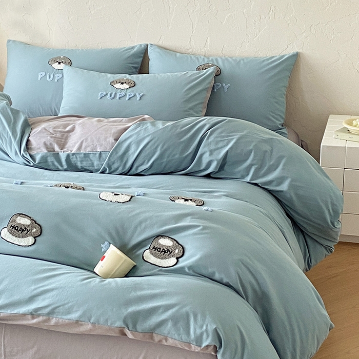 91家纺网 家纺一手货源 找家纺 拼社家纺 2026新款A类母婴级全棉纯棉水洗棉四件套毛巾绣纯棉四件套床上用品提供买家秀 甜心小狗-蓝灰