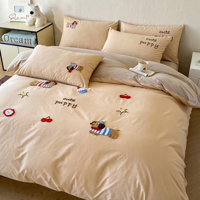 91家纺网 家纺一手货源 找家纺 拼社家纺 2026新款A类母婴级全棉纯棉水洗棉四件套毛巾绣纯棉四件套床上用品提供买家秀 萌宠派对-卡其