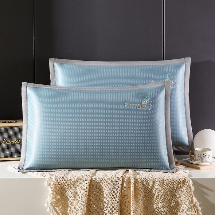 小牛席业 2026新款海岛夏日凉感冰丝枕套凉枕套夏天枕套冰丝枕套竹枕套藤枕套冰藤枕套 海岛夏日凉感冰丝枕套-蓝色