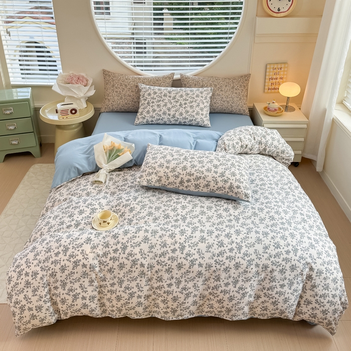 91家纺网 家纺一手货源 找家纺 爱多多家居 2026新款双层纱针织棉印花四件套 花丛灰