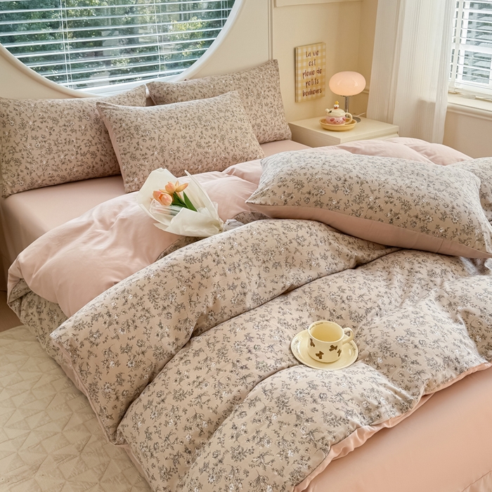 爱多多家居 2026新款双层纱针织棉印花四件套 花丛咖