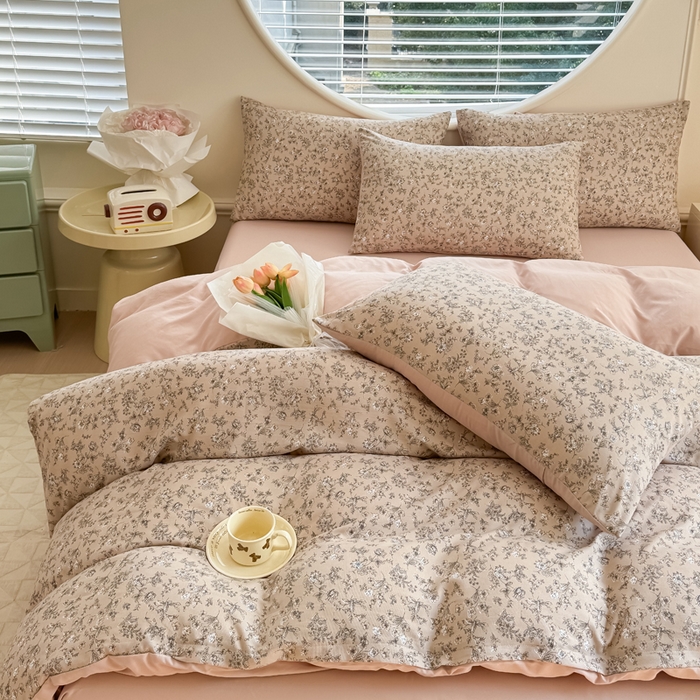 91家纺网 家纺一手货源 找家纺 爱多多家居 2026新款双层纱针织棉印花四件套 花丛咖