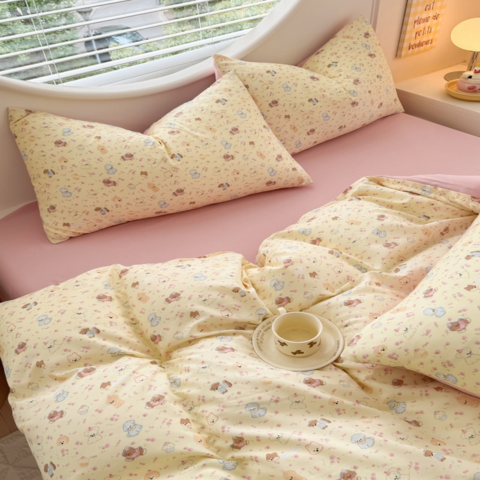 91家纺网 家纺一手货源 找家纺 爱多多家居 2026新款双层纱针织棉印花四件套 欢乐颂