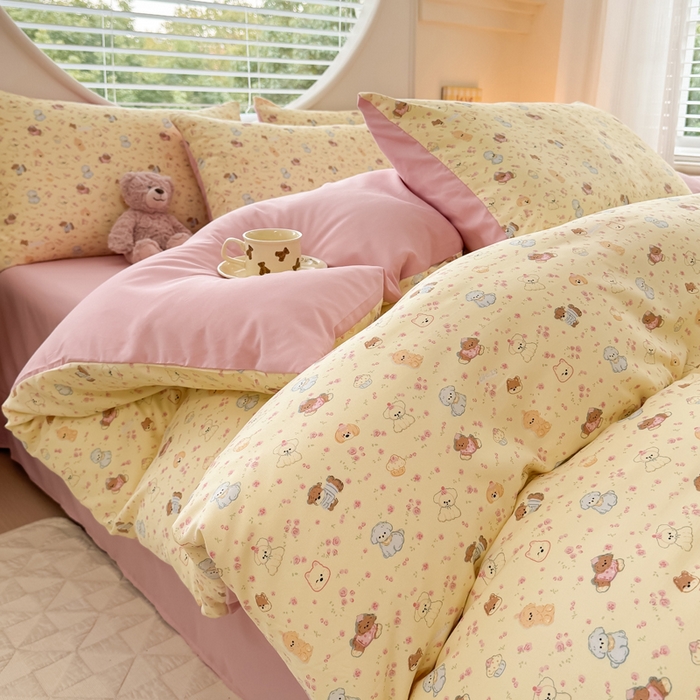 91家纺网 家纺一手货源 找家纺 爱多多家居 2026新款双层纱针织棉印花四件套 欢乐颂